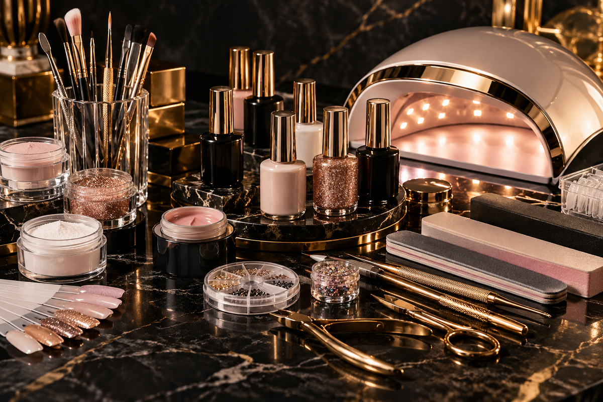 Overstock nail supplies and salon equipment displayed on luxurious black and gold marble
