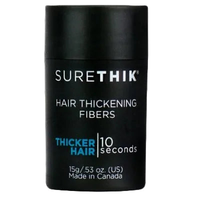 Black container of SureThik hair thickening fibers on a white background