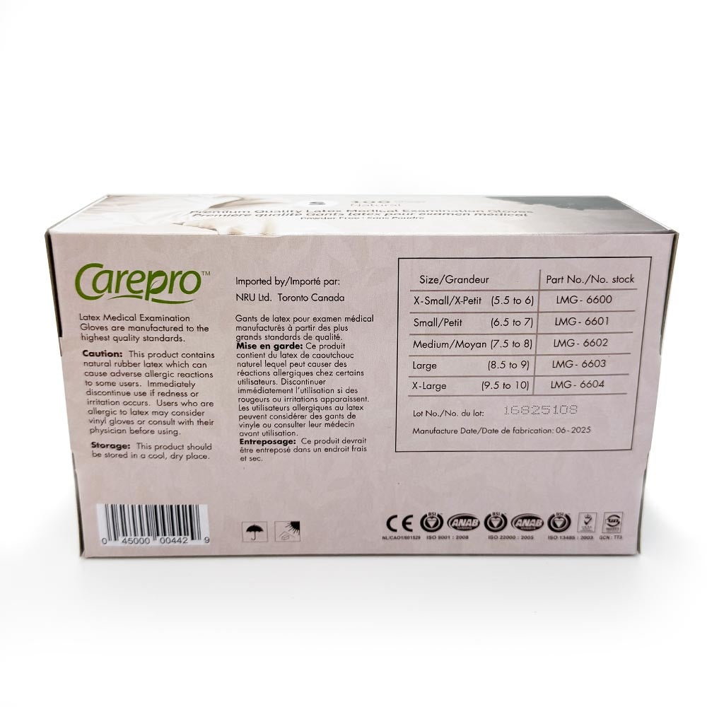 CarePro Latex Powder Free Exam Gloves Natural 100PC XSmall