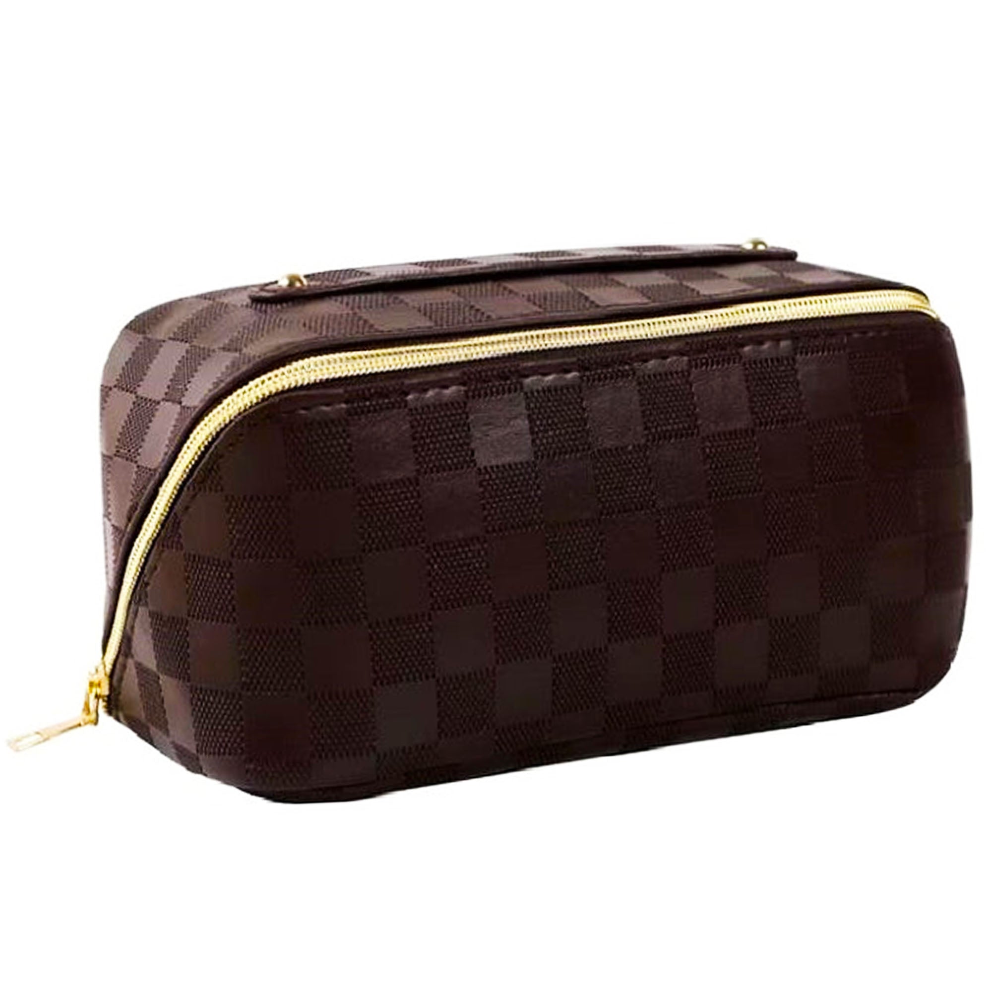 Vegan Leather Checkered Makeup Bag | BROWN 25928