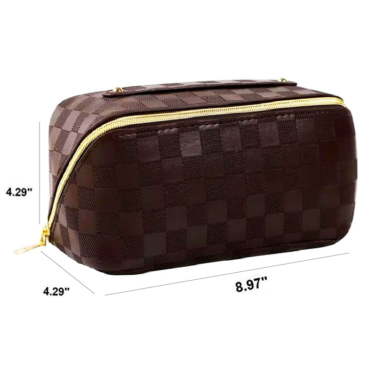Vegan Leather Checkered Makeup Bag | BROWN 25928