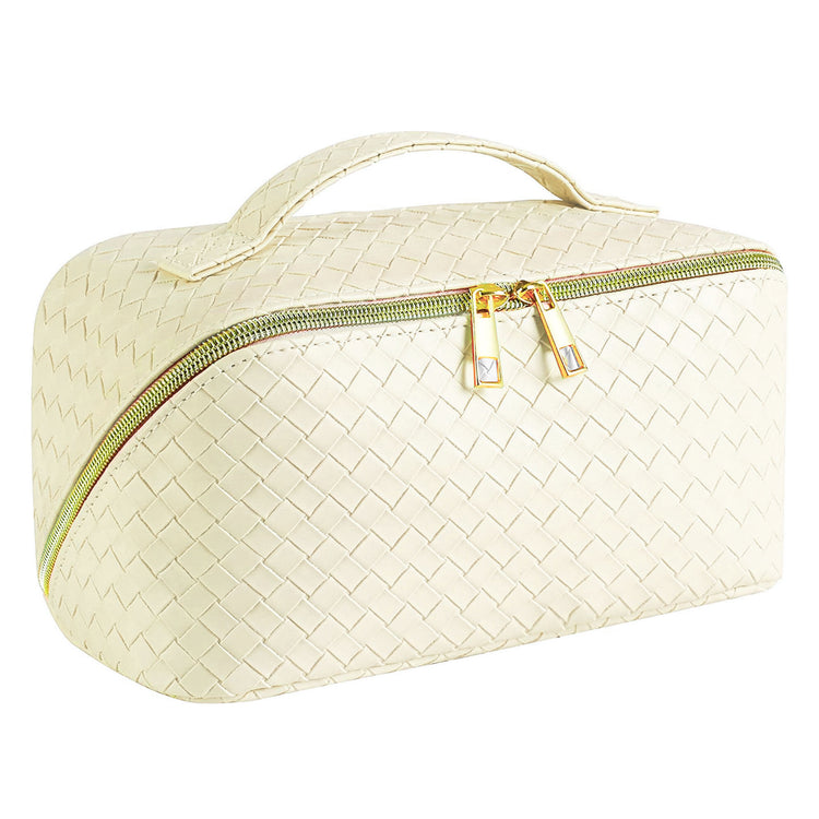 Woven Vegan Leather Cosmetic Makeup Travel Bag - IVORY 26420