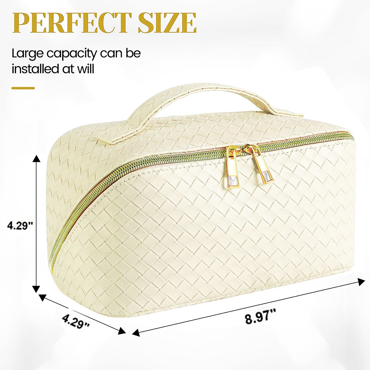 Woven Vegan Leather Cosmetic Makeup Travel Bag - IVORY 26420