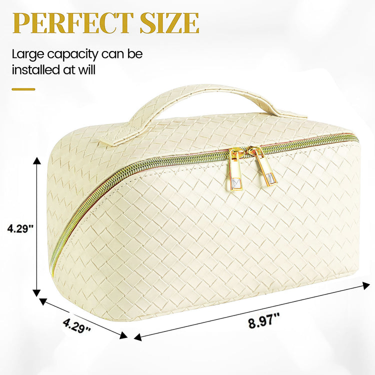 Woven Vegan Leather Cosmetic Makeup Travel Bag - IVORY 26420