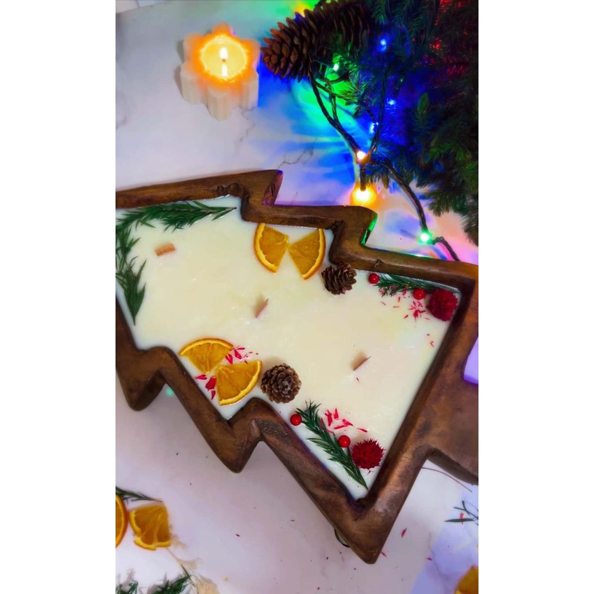 Large Christmas Tree Wooden Dough Bowl Candle Mountain Pine