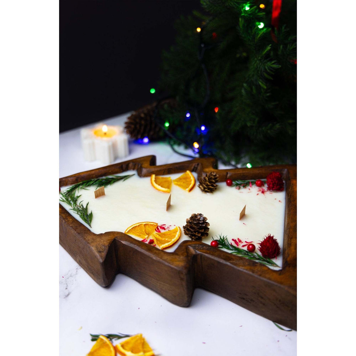 Large Christmas Tree Wooden Dough Bowl Candle Gingerbread