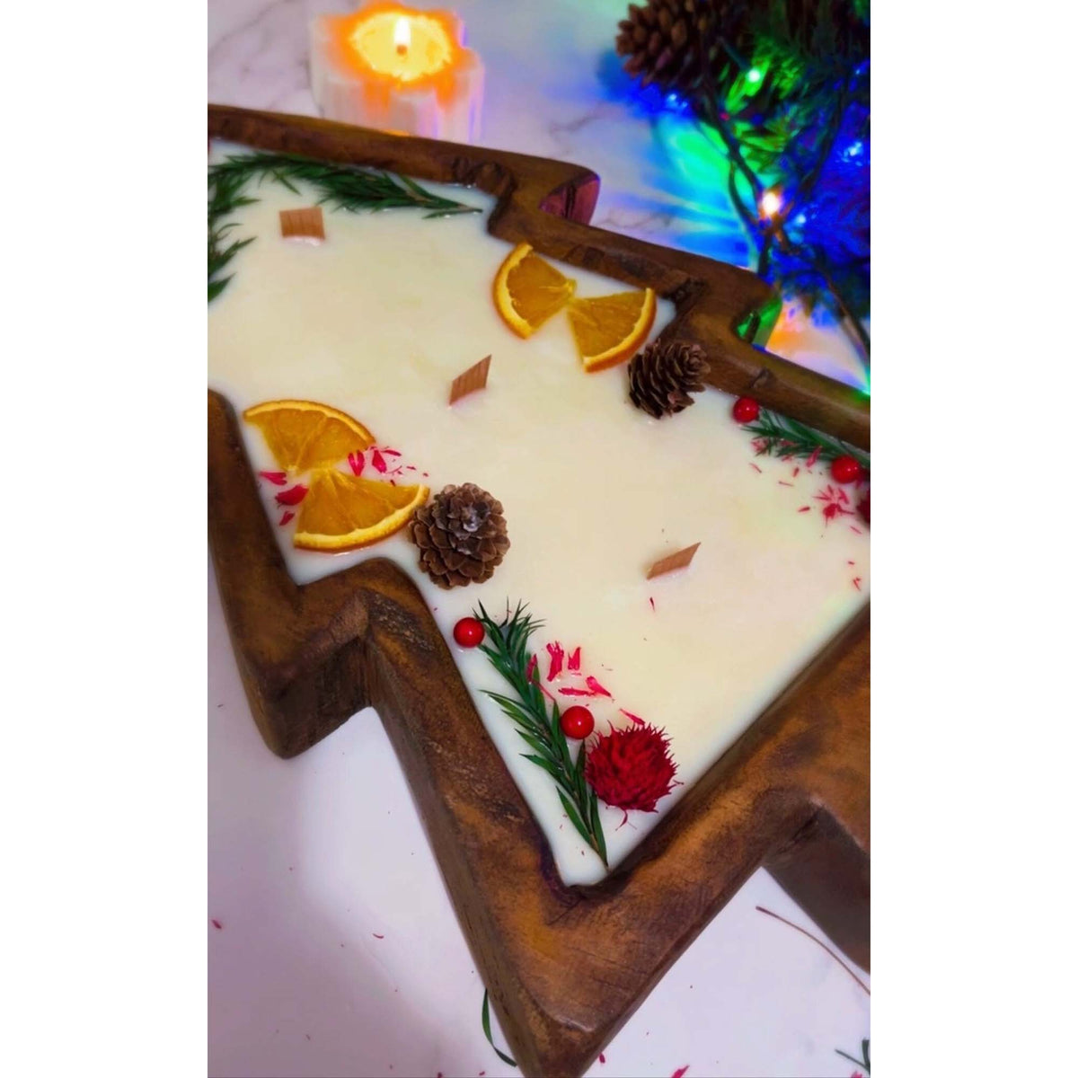Large Christmas Tree Wooden Dough Bowl Candle Gingerbread