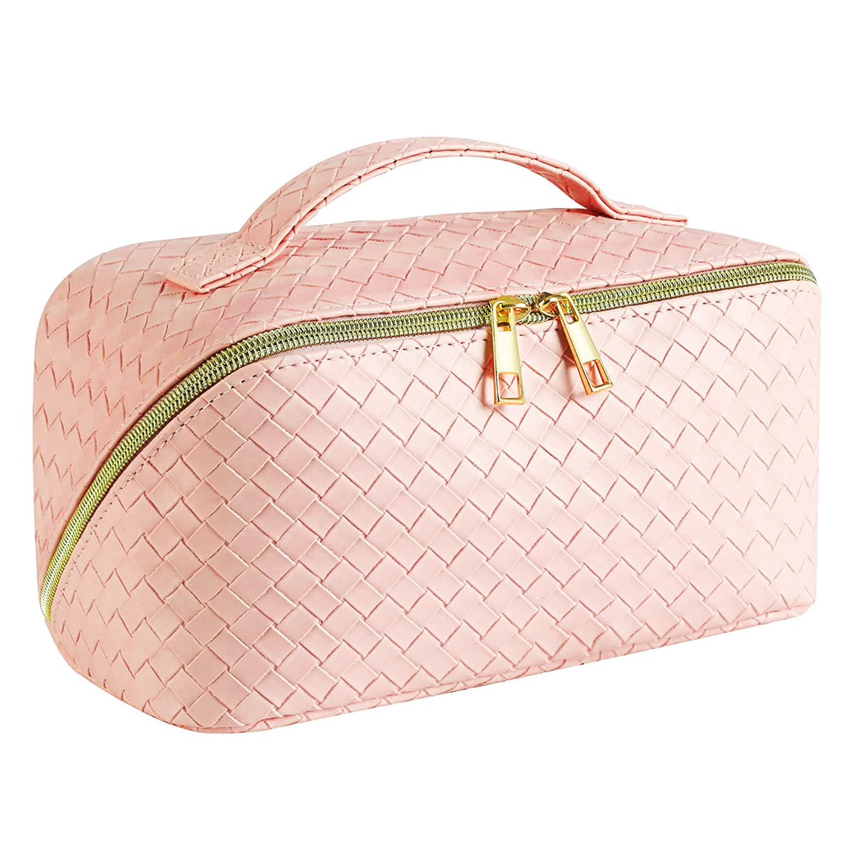 Woven Vegan Leather Cosmetic Makeup Travel Bag - PINK 69086