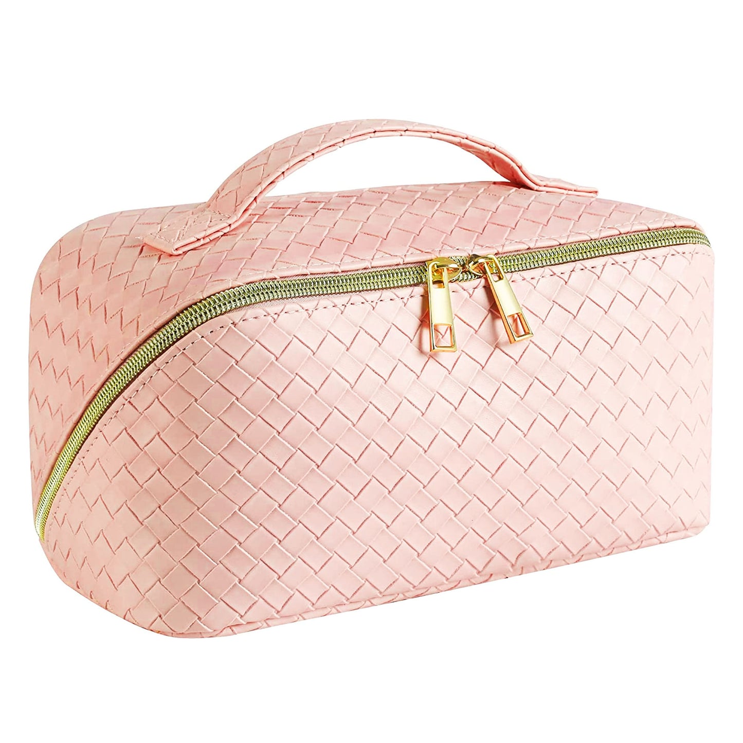 Woven Vegan Leather Cosmetic Makeup Travel Bag - PINK 69086