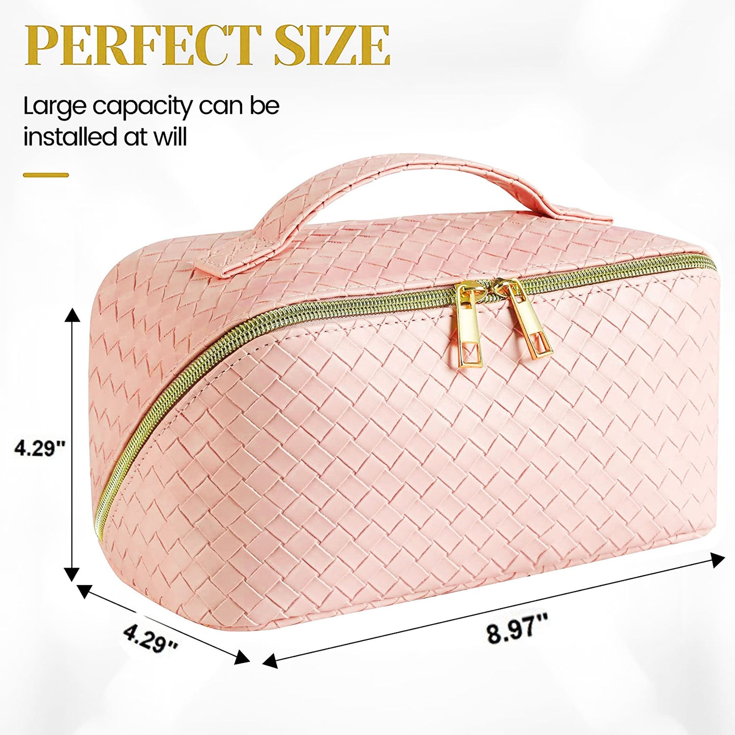 Woven Vegan Leather Cosmetic Makeup Travel Bag - PINK 69086