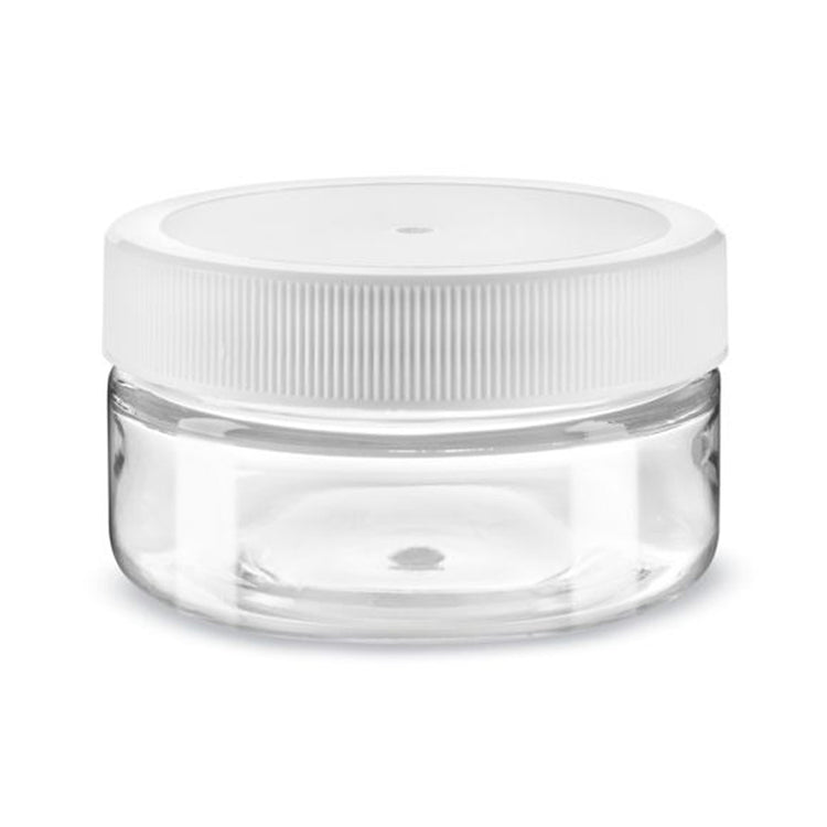 Clear Round Staright Side Plastic Jar 2 oz White Cap 00797