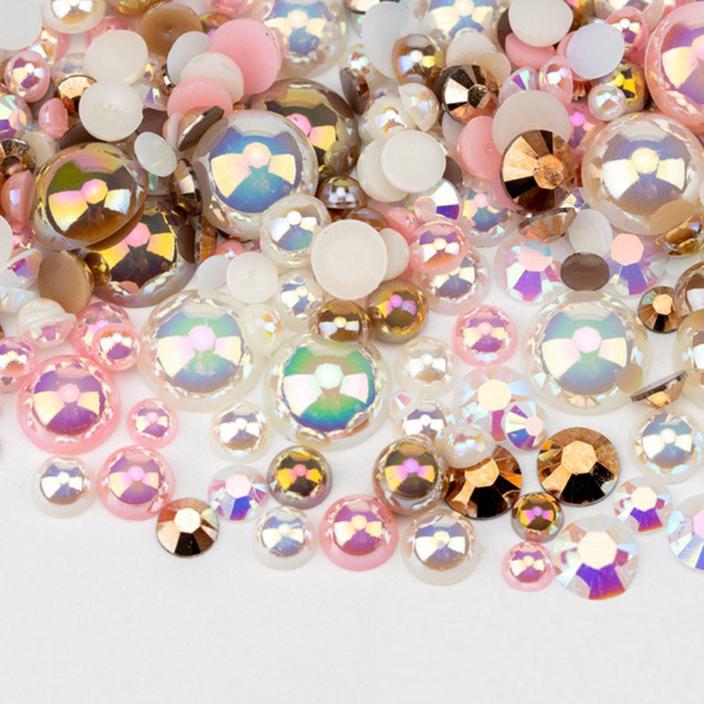 VDD Rhinestone Rainbow Half Round Pearls Mix Size 30g D1105