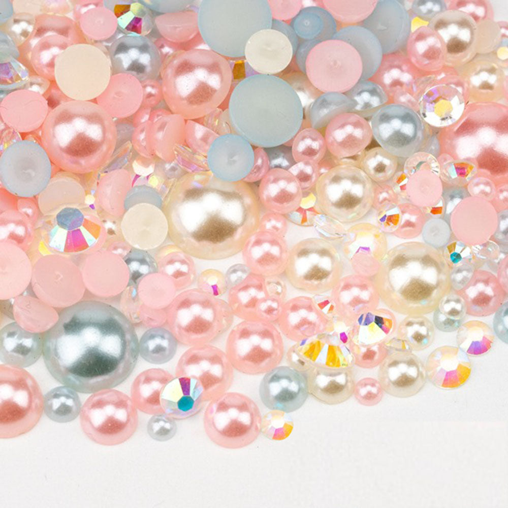 VDD Rhinestone Rainbow Half Round Pearls Mix Size 30g D1129