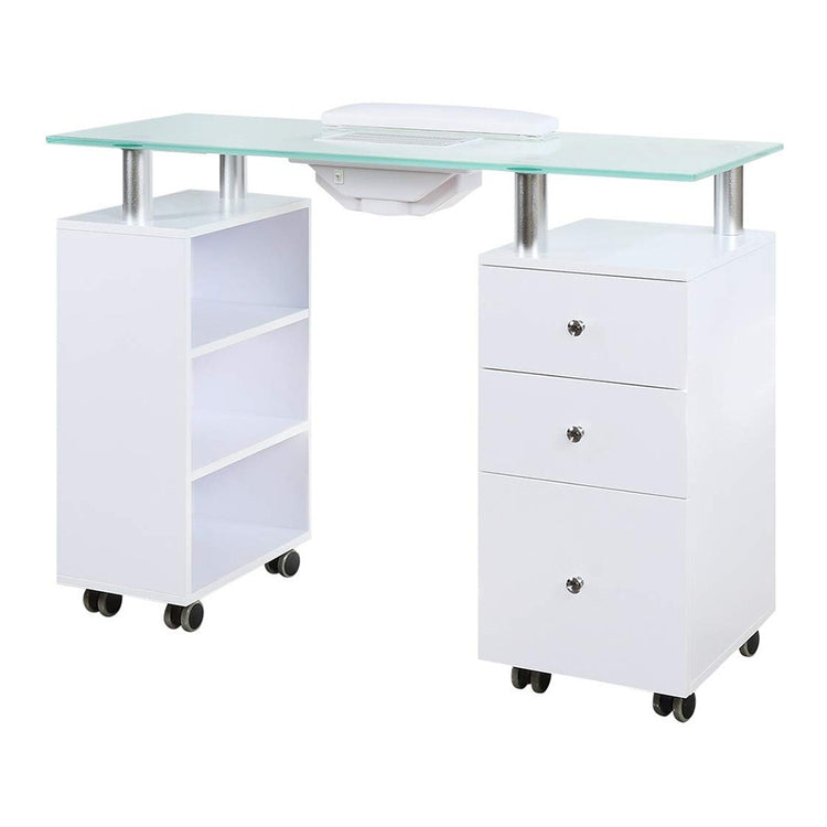 J&A Nail Table White Frosted Glass Top With Draft Fan 3 pcs