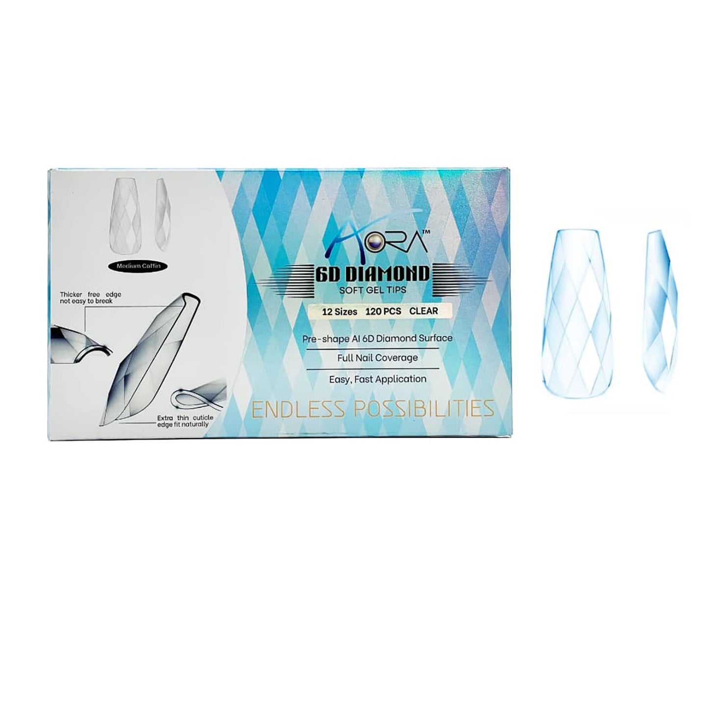 Aora 6D Diamond Soft Gel Tips Clear Medium Coffin 120pcs